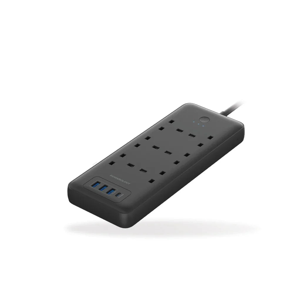 Powerology 48W 6AC 1x PD USB-C and 3x QC USB-A Power Strip with UK Plug - Black - Tashqila Powerology 48W 6AC 1x PD USB-C and 3x QC USB-A Power Strip with UK Plug - Black - Tashqila
